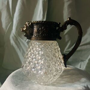 Vintage Glass Pitcher with Ornate Metal Handle